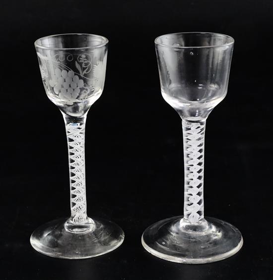 Two double series opaque twist stem cordial glasses, c.1760, H. 14.5cm, one foot chipped